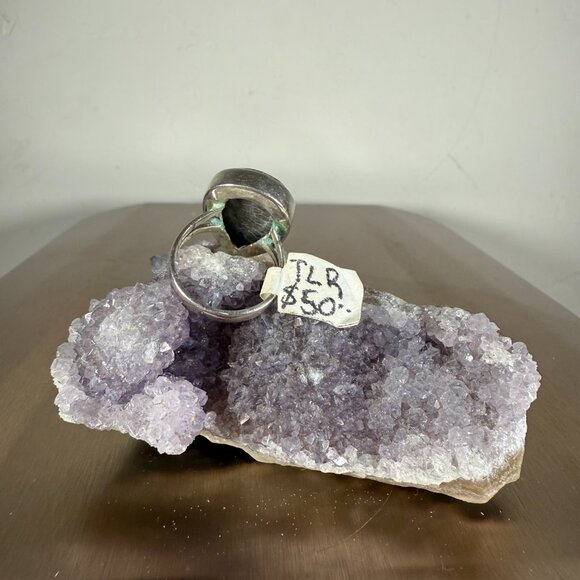 Fossil Coral Gemstone Gray Teardrop Handmade Silver Ring Artisan Jewelry Size 7 - Picture 4 of 5